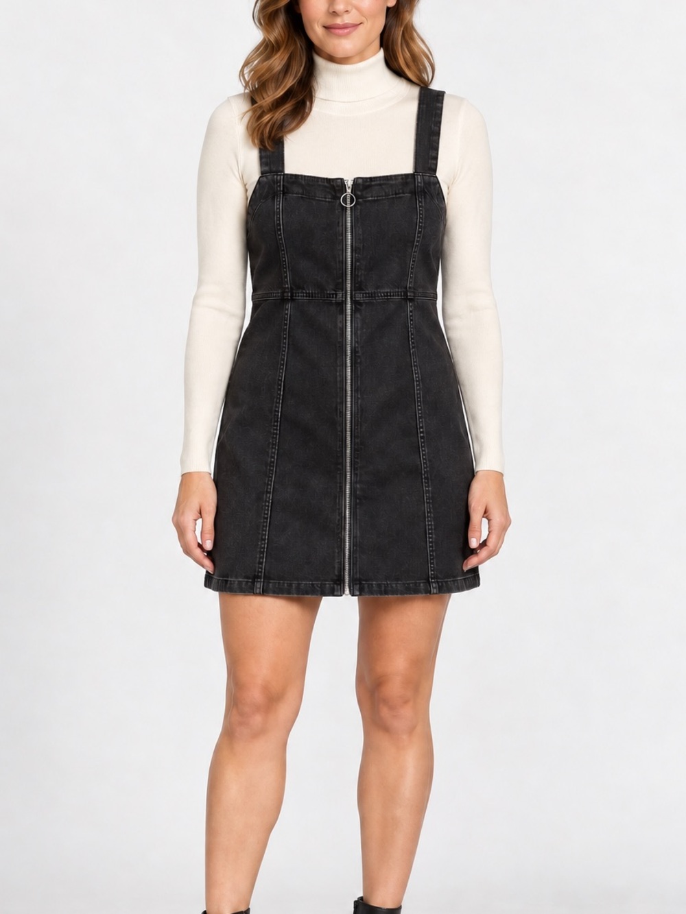 Denim Co. Washed Black Denim Zip Front Pinafore Mini Dress
